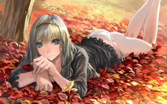 аниме, осень, листья, лежит, девушка,