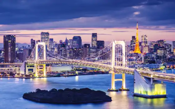 tokio, ночь, япония, широкие, фотошторы, tokyo, мост, cityscape, огни, город, 