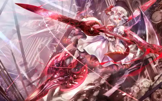 remilia, scarlet, touhou, hair, dress, eyes, red, weapon, short,wings, highres, white, spear, with, afraco, gungnir, hat, girl, share, action,