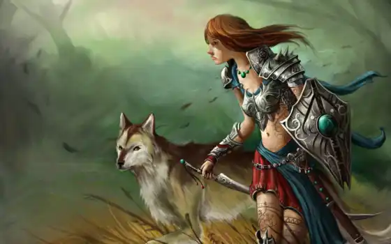 волк, девушка, арт, меч, ветер, узоры, фэнтези, трава, щит, тату, фантастика, амазонка, воительница, поле, 