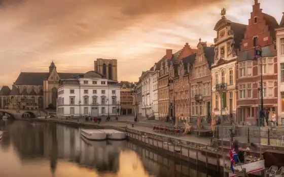gent, бельгия, город, ghent, even, cityscape, река, улица, house