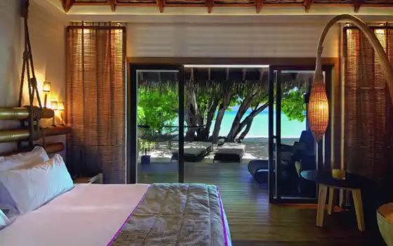 bamboo, rope, lights, beach, tree, bed, стиль, спальня, 
