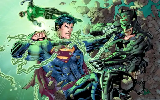superman, batman, зелёный, lantern, wings, битва, comics, 