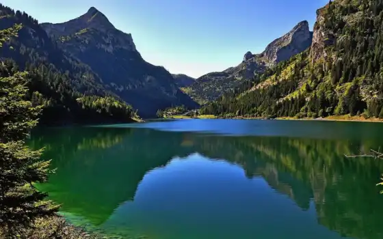 гора, озеро, природа, лес, отражение