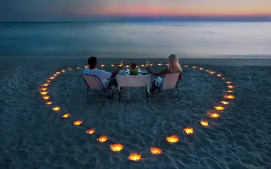 он и она, свечи, сердце, пикник, море, пляж, закат