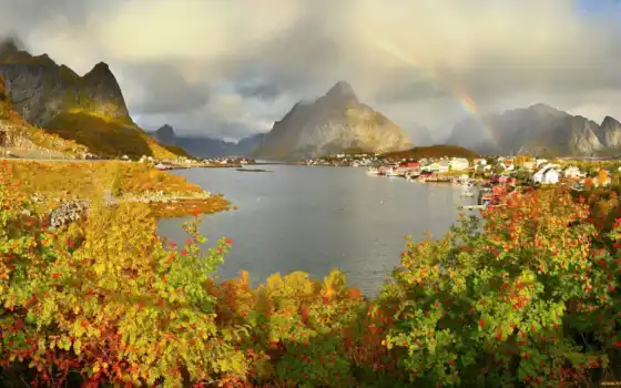 норвежское, осень, рейн, город, гравдалсбук, пейзаж, фонтан, дом, горный, мм