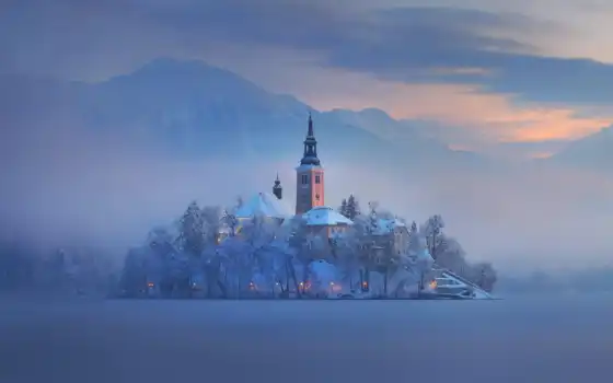 блед, Словения, озеро, зима, галерея, гора, замок