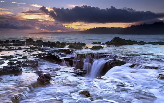 хаваи, поток, закат, спина, океан, море