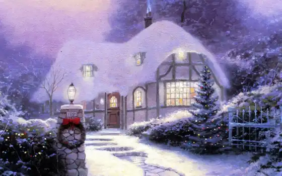 christmas, thomas, ёлка, kinkade, снег, cottage, фонарь, праздник, картина, живопись, окнах, дорожка, ступеньки, коттедж, рождественский, свет, hd, 