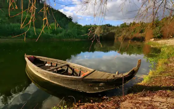 лодка, природа, деревя, озеро, берег, 