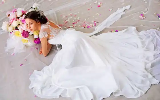 невеста, платье, свадебный, цветы, 