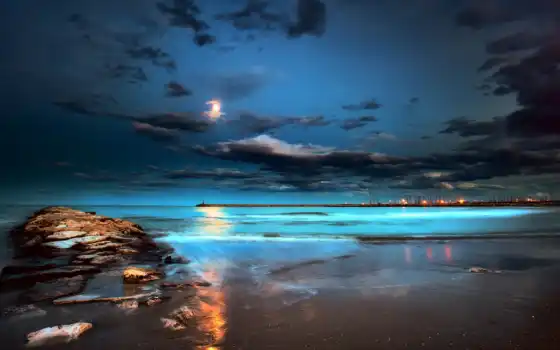 море, ночь, луна, огонь