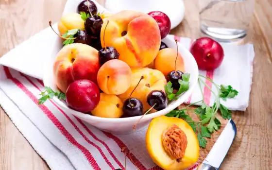 ,черешня, вишня, фрукты, лето, нож, салфетка, персики, тарелка, сливы,еда,
