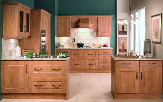 кухня, кухни, деревянная, интерьер, стены, картины, зеленые, 