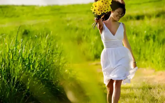 счастье, девушка, ветер, цветы, поле, трава, белое платье