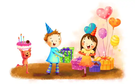 нарисованные, дети, медвежонок, мальчик, девочка, торт, свечи, день рождения, шарики, радость, конус