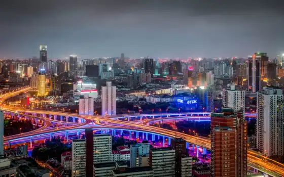 shanghai, china, город, ночь, huangpu, панорама, хуанпу, 