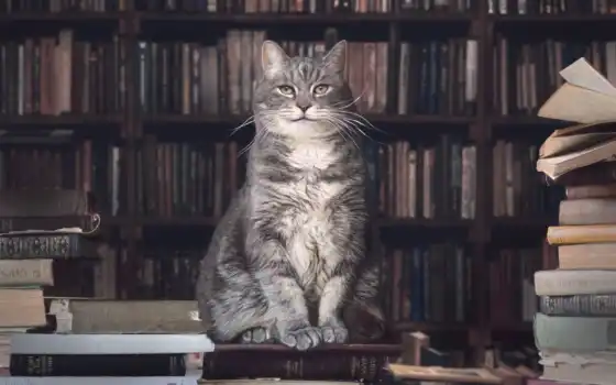 кот, библиотека, книга, 