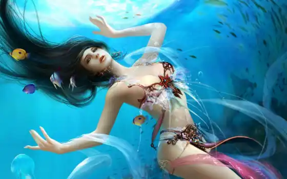 богиня, вода, дехон, русалка, под водой, море, рыба,