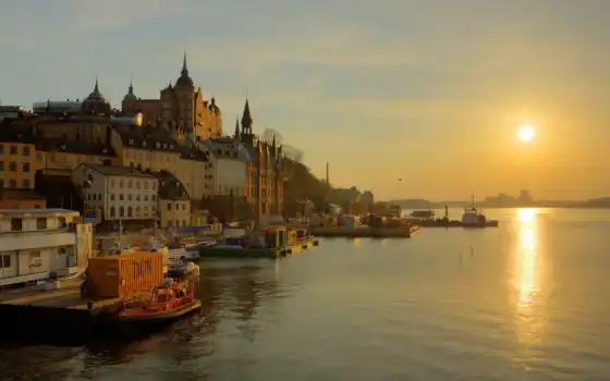 набережная, stockholm, sweden, река, sun, восход, трек, 
