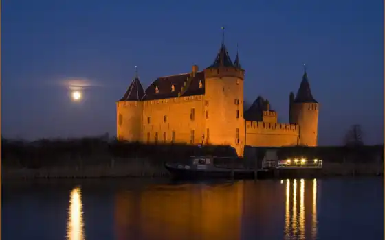 castle, ночь, muiderslot, озеро, landscape