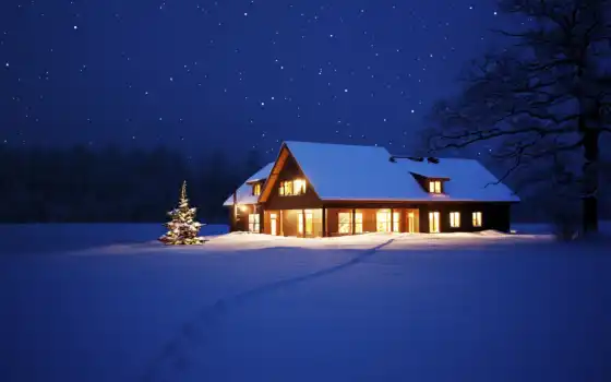 ночь, рождество, зима, снег, огонь, дом, дерево, звезда, природа, время года, нет