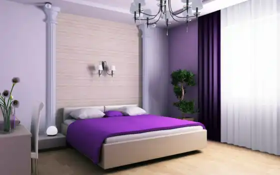 curtain, спальня, purple, интерьер, сиреневый, design