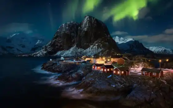 норвегия, лофотен, лестница, ночь, огни, гамноя, север, изба, рыба, остров