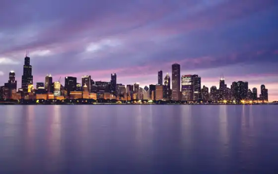 chicago, город, огни, совершенно, здания, закат, озеро, небоскребы, 