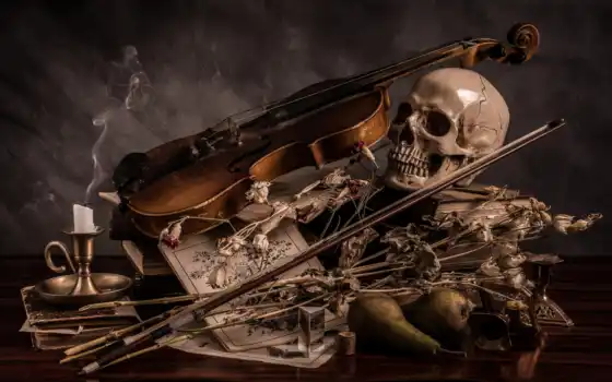 скрипка, музыка, череп, свеча