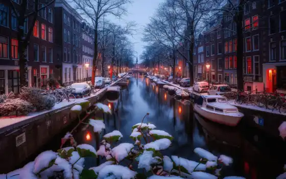 winter, amsterdam, снег, нидерланды, mobile, утро, город, канал