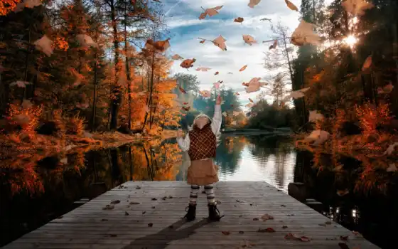 осень, лист, девушка
