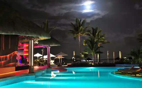 бассейн, ночь, palm, природа, море, вечер, луна, free, hotel