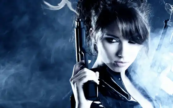 девушка, пистолет, дым, оружие, brunette, крутой, start, arm, cuesta, объект