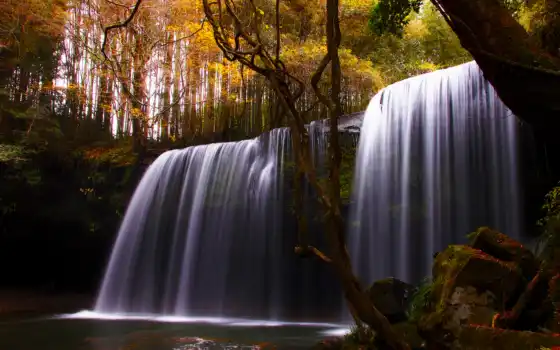 природа, водопад, деревья, река, осень, 