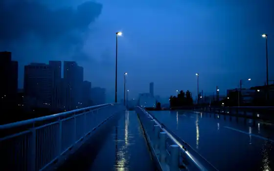 aesthetic, blue, dark, дождь, check, awesome, tokio, город, тема, фонарик, мост