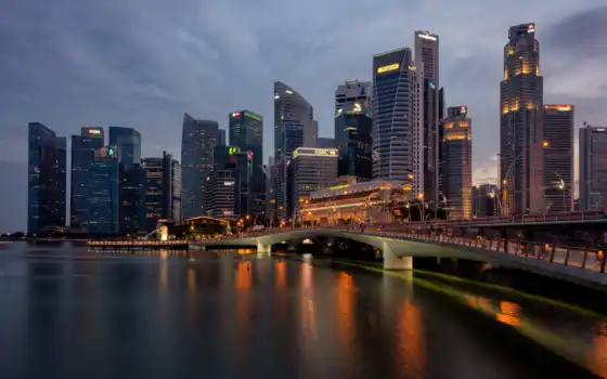 город, singapore, огни, небоскрёб, ночь, мост