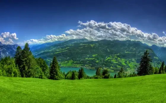 горы, облака, деревья, озеро, трава, зеленый,
