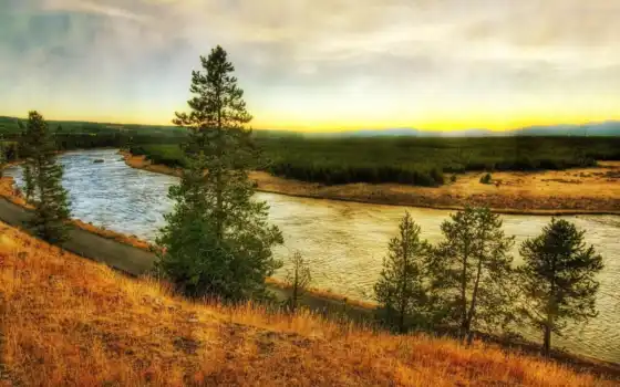 природа, монтана, вайоминг, река, река, желтый камень, трава, смазливые, тиеннхиен,