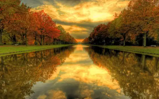 осень, вода, канал, опора, парк, деревья, солнце, горшок, зеркало, скамейка,
