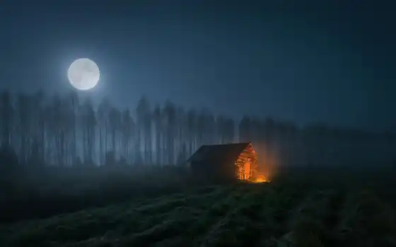 луна, ночь, дерево, небо, природа, дом, огонь, кабина