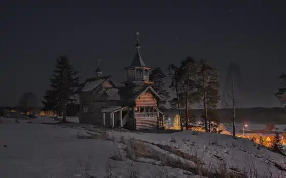 карелия, church, architecture, winter, ночь, деревня, природа, orthodox