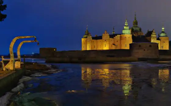 kalmar, sweden, castle, город, ночь, squid, река