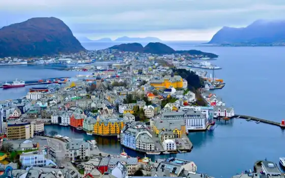 alesund, норвегия, горы, город, camping, олесунн, ford, порт, здания, 