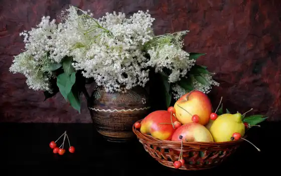 ваза, цветы, плод, букет, натюрморт, сиреневый