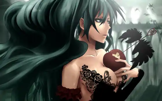 аниме, девушка, волосы, грудь, яблоко, кружева, стрела, 