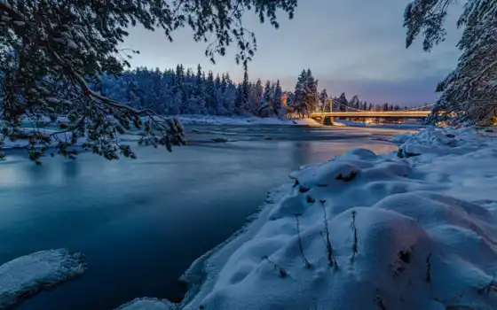 финляндию, зиму, реку, лес, фон, фото, музыка, iphone