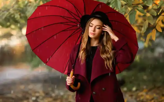 зонтик, девушка, дождь, осень