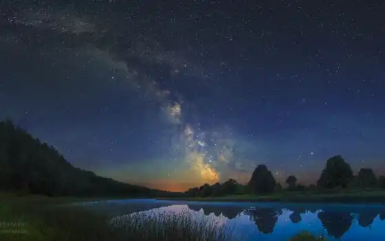 звезды, небо, природа, природный ландшафт, отражение, ночь, звезда, вода, атмосфера,  озеро, 