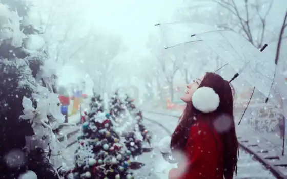 новый год, снег, елки, украшения, девушка, зонтик, наушники